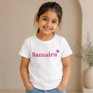 Personalised Samaira girls white T-shirt with pink custom name and heart design