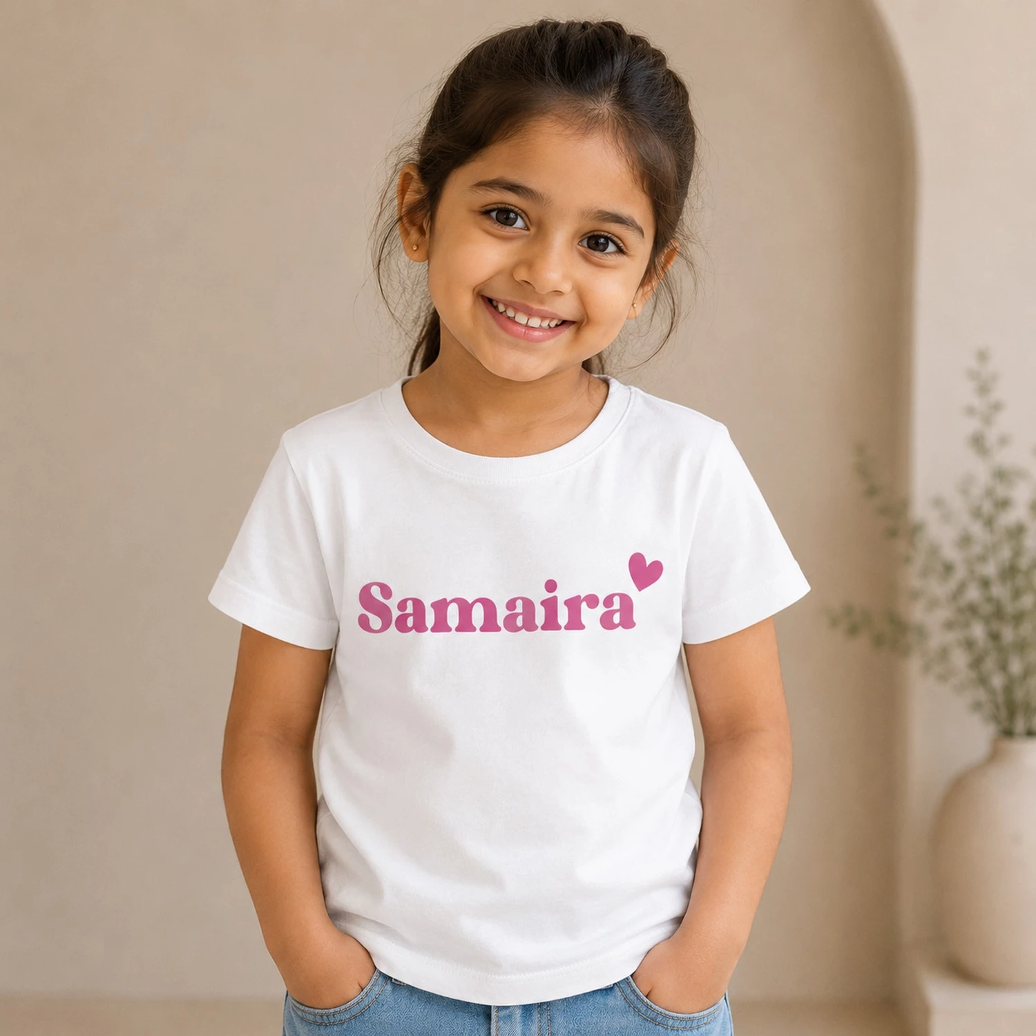 Personalised Samaira girls white T-shirt with pink custom name and heart design