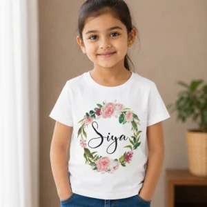 Personalised Siya girls white T-shirt with pink floral wreath and elegant custom name