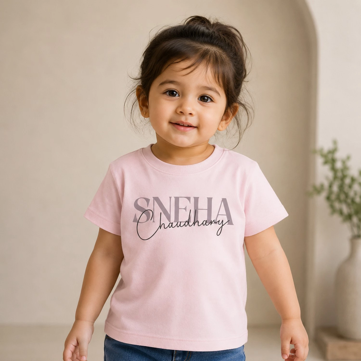 Personalised Sneha Chaudhary girls pink T-shirt with elegant full name typography