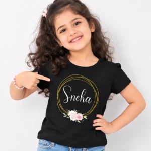 Personalised Sneha girls black T-shirt with gold circle frame, flowers and script name