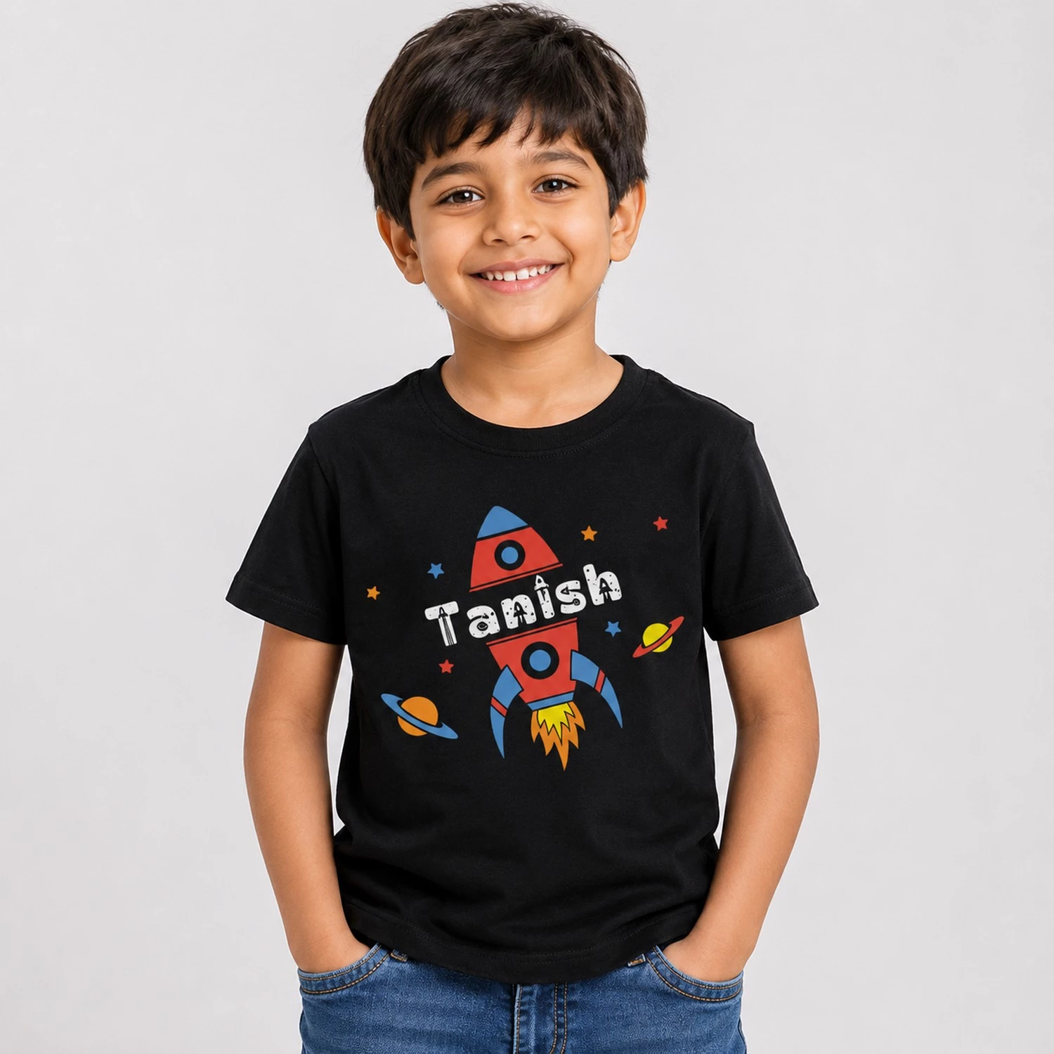 Personalised Tanisha kids black T-shirt with colourful rocket, planets, stars and custom name