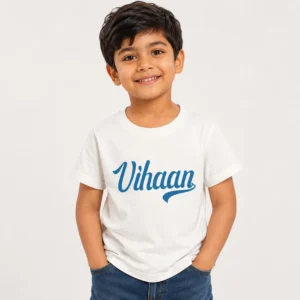 Personalised Vihaan boys white T-shirt with stylish blue script custom name print