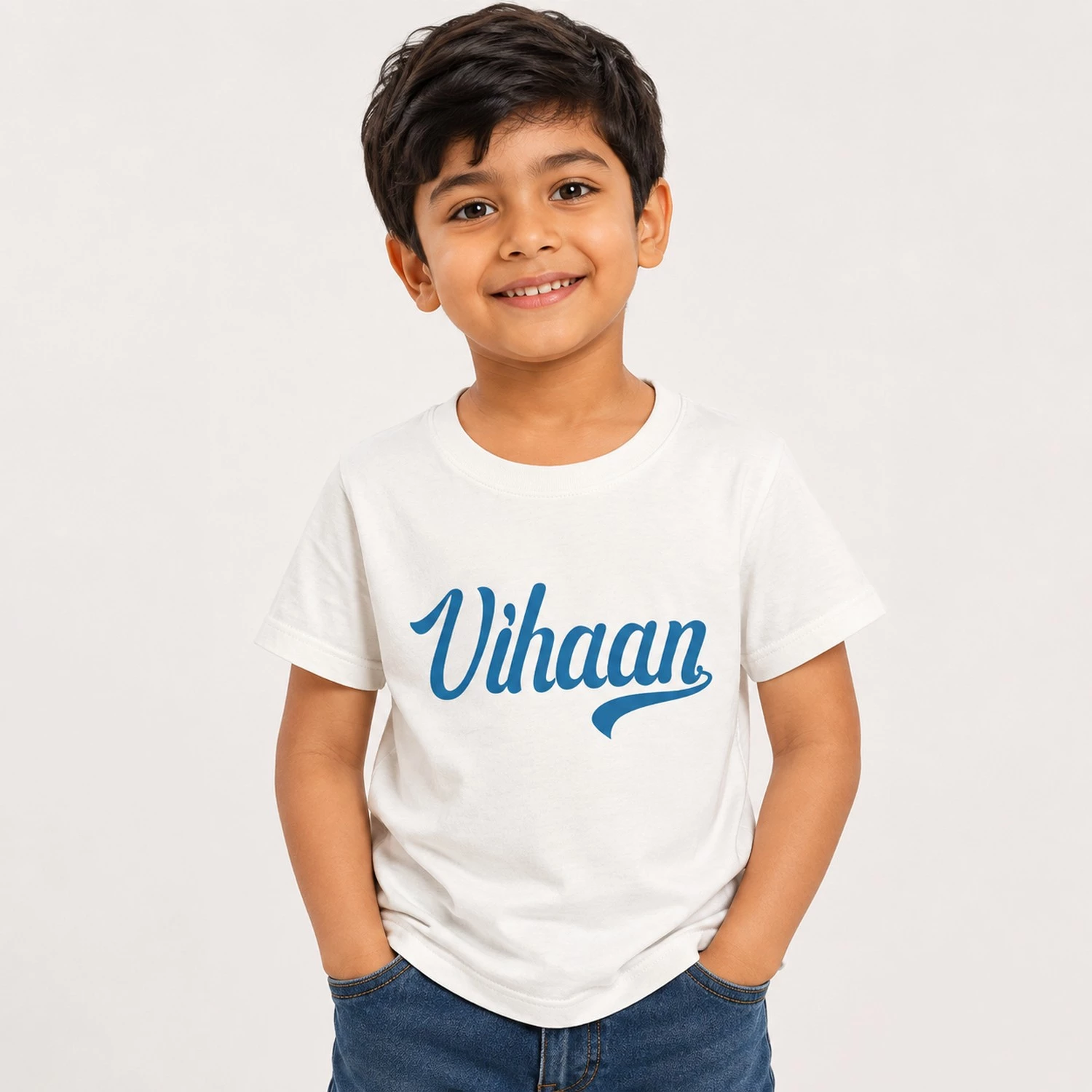 Personalised Vihaan boys white T-shirt with stylish blue script custom name print