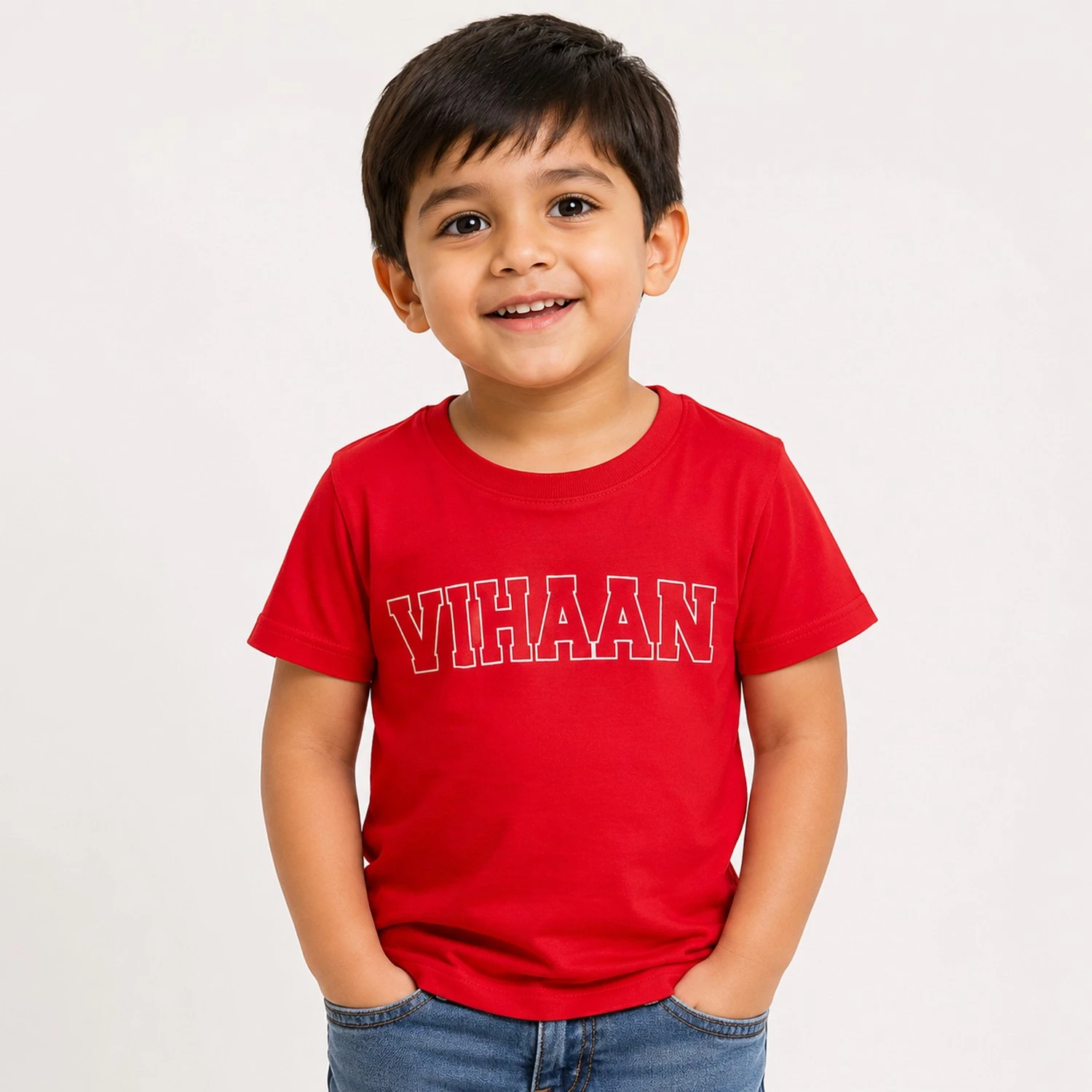Personalised Vihaan boys red T-shirt with bold varsity-style custom name print