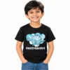 Smiling young boy wearing a black personalized kids T-shirt featuring a cute blue cartoon stegosaurus with watercolor-style details and the name ROHITSAURUS in white lettering.