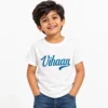 Smiling young boy wearing a white personalized kids T-shirt featuring the name Vihaan in large blue cursive lettering with a decorative underline.