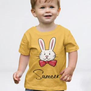 Yellow cotton kids T shirt with bunny design and custom name print