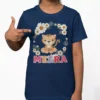 Navy blue cotton kids T shirt with personalized name Meera and cute cat floral birthday design