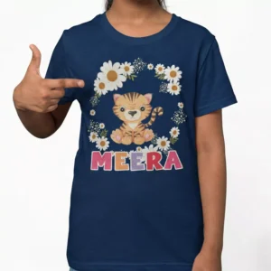Navy blue cotton kids T shirt with personalized name Meera and cute cat floral birthday design
