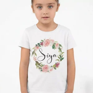Custom floral wreath name printed on 100 percent cotton T shirt for birthday gift in India