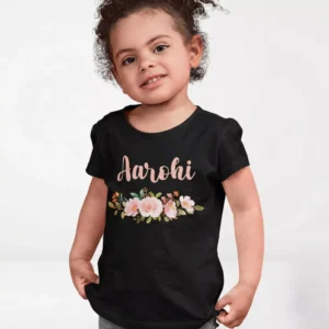 Black cotton kids T shirt with personalized name Aarohi and floral print design