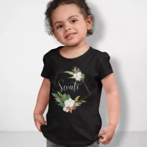Child wearing black personalized cotton T shirt with floral frame and custom name print