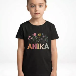 Black cotton kids T shirt with floral design and customized name print