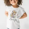 White cotton kids T shirt with watercolor giraffe design and custom name printed on front