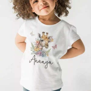 White cotton kids T shirt with watercolor giraffe design and custom name printed on front