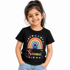 Smiling young girl wearing a black personalized kids T-shirt featuring a colorful rainbow, small hearts, stars, and the name Saanvi in multicolored script.