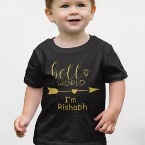 Baby wearing black cotton personalized Hello World name T shirt with custom gold print