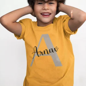 Mustard cotton personalized kids T shirt featuring large initial letter with custom name print in premium finish