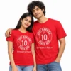 Indian couple wearing matching red anniversary T-shirts with white circular Just Married 10 Years Ago artwork, a small heart, and Sameer and Aisha names.