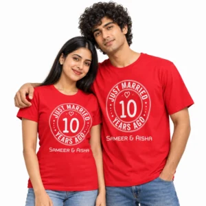 Indian couple wearing matching red anniversary T-shirts with white circular Just Married 10 Years Ago artwork, a small heart, and Sameer and Aisha names.