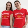 Bride and Groom Just Married couple T shirts with custom names and wedding year printed in red cotton fabric
