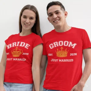 Bride and Groom Just Married couple T shirts with custom names and wedding year printed in red cotton fabric