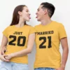 Personalized Just Married wedding couple T shirts with custom year print in yellow cotton for honeymoon wear in India