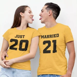 Personalized Just Married wedding couple T shirts with custom year print in yellow cotton for honeymoon wear in India
