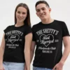 Personalized Just Married honeymoon couple T-shirts for husband and wife in black cotton with custom surname and year