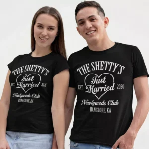 Personalized Just Married honeymoon couple T-shirts for husband and wife in black cotton with custom surname and year