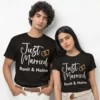 Personalized Just Married couple T-shirts with custom names for honeymoon trip outfit in India