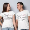 Couple wearing personalized Just Married T shirts with custom names and wedding date honeymoon outfit India