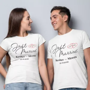 Couple wearing personalized Just Married T shirts with custom names and wedding date honeymoon outfit India