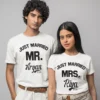 Personalized Just Married MR and MRS couple T shirts with custom names Aryan and Riya wedding photoshoot outfit India