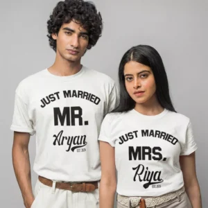 Personalized Just Married MR and MRS couple T shirts with custom names Aryan and Riya wedding photoshoot outfit India