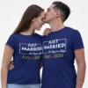 Couple wearing personalized Just Married T-shirts with custom names for wedding day and honeymoon in India
