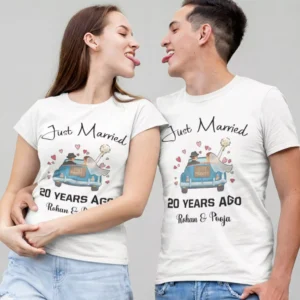 Personalized Just Married couple T shirts with custom names and year cotton wedding gift for husband and wife in India