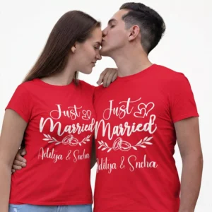 Personalized Just Married couple T shirts with names for newly married wedding gift in India