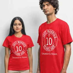 Personalized Just Married Couple T Shirts with custom names and anniversary year for husband and wife in India