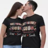 Husband wife wearing personalized Just Married honeymoon couple T shirts with custom names in black cotton
