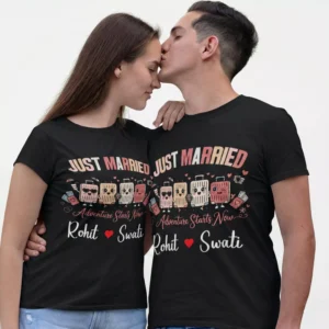 Husband wife wearing personalized Just Married honeymoon couple T shirts with custom names in black cotton
