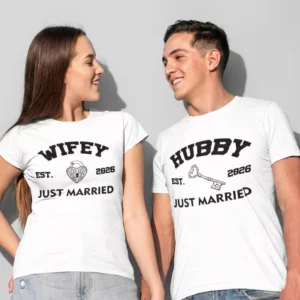 Personalized Just Married Hubby Wifey couple T-shirts with custom wedding year print in cotton for newly married couples in India