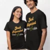 Personalized Just Married matching husband wife T shirts with names for honeymoon couple in India