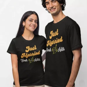 Personalized Just Married matching husband wife T shirts with names for honeymoon couple in India