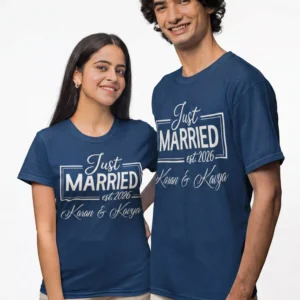 Personalized Just Married husband wife matching cotton t-shirts with names and wedding year for newlywed couples in India