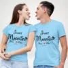 Matching husband wife Just Married personalized t shirts with custom names and wedding year for honeymoon couple outfit in India