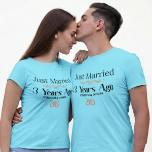 Couple wearing personalized just married matching husband wife custom T-shirts with names and anniversary year in India
