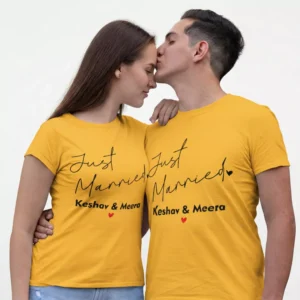 Personalized Just Married wedding matching T-shirts for husband and wife with custom names printed in romantic script design