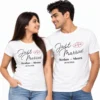 Indian couple wearing matching white personalized Just Married T-shirts featuring black cursive lettering, red intertwined hearts, Keshav and Meera names, and wedding date 20-01-2026.